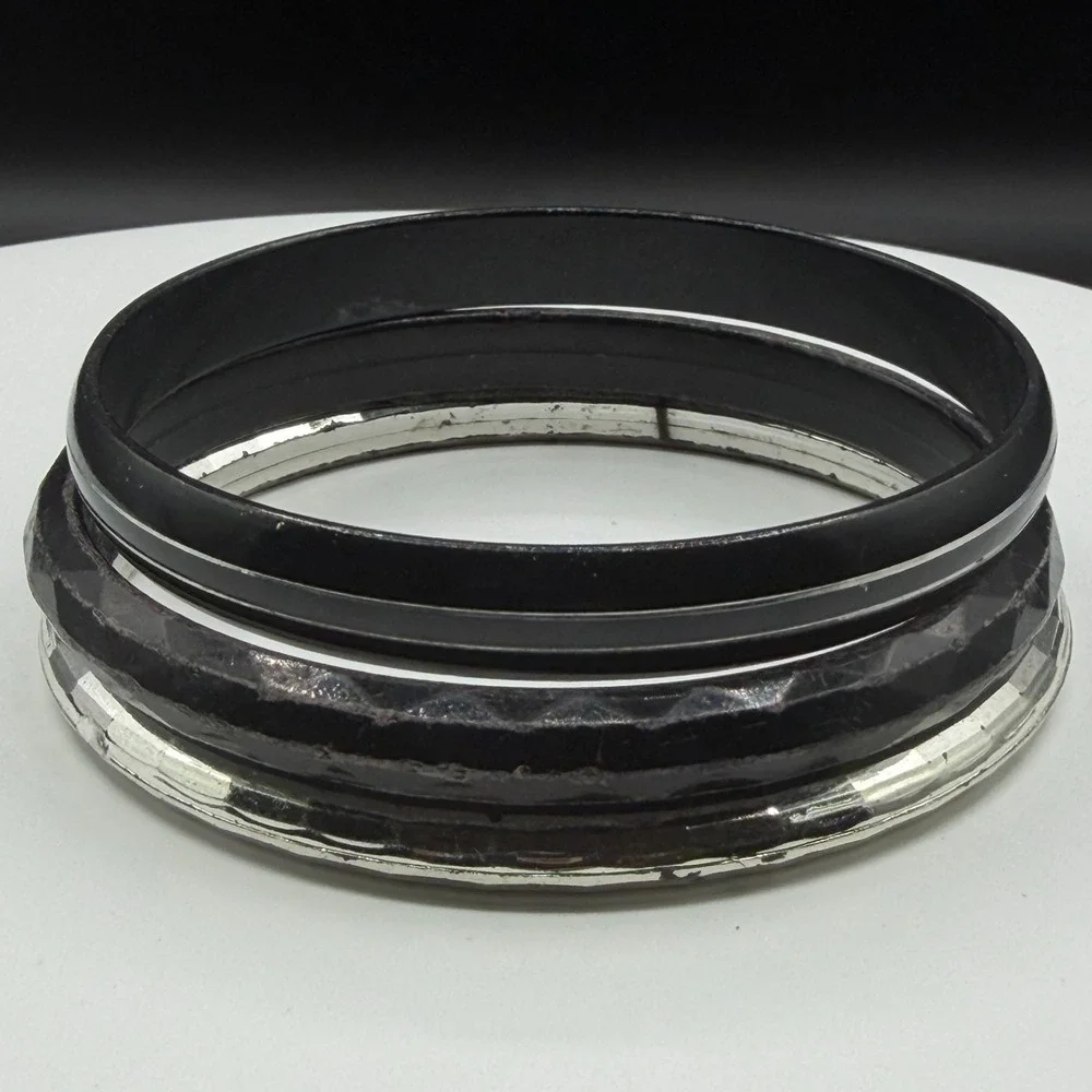 Black Silver Tone Bangle Bracelet Set of 3 Faceted Stackable Chunky Gothic Y2K